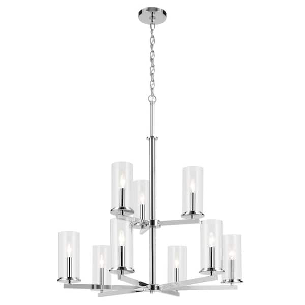 KICHLER Crosby 32.5 in. 9-Light Chrome 2-Tier Contemporary Candlestick Cylinder Chandelier for Dining Room