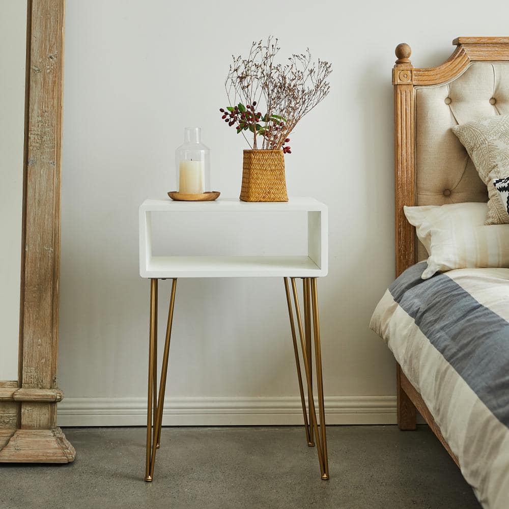 Modern White Nightstand with Open Shelf