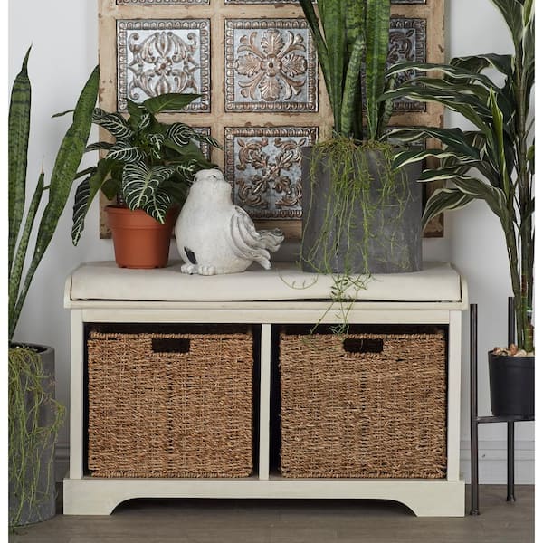 Litton Lane Antique White 2-Drawer Cushioned Storage Bench