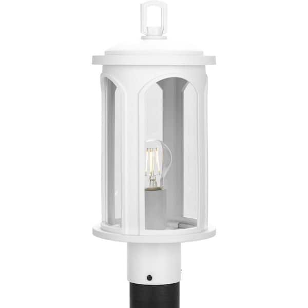 Progress Lighting Gables 16.75 in. 1-Light Satin White with Clear Glass Shade Coastal Outdoor Post Light for Walkway