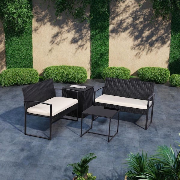 Unbranded 4-Piece Black Wicker Patio Conversation Set with Ice Bucket and Beige Cushions