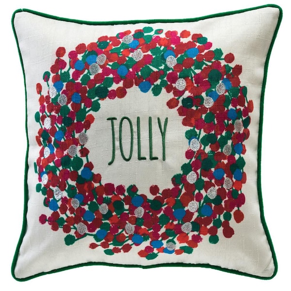 Home Accents Holiday Jingle Jubliee Jolly and Wreath Design 18 in. x 18 in. Decorative Holiday Pillow