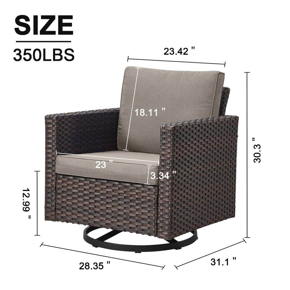 Gray and Brown Wicker Outdoor Swivel Rocking Armchair with Cushions