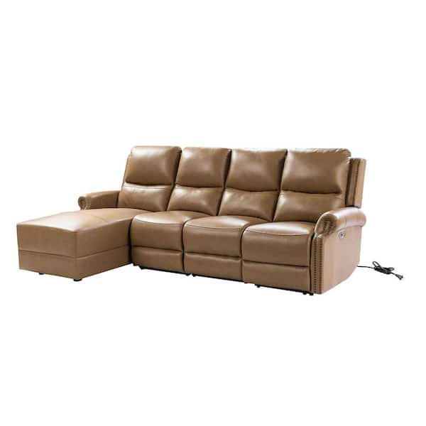 ARTFUL LIVING DESIGN Delos 4-Seater Leather Power L Shaped Reclining Sectional Sofa with Nailhead Trim in Camel