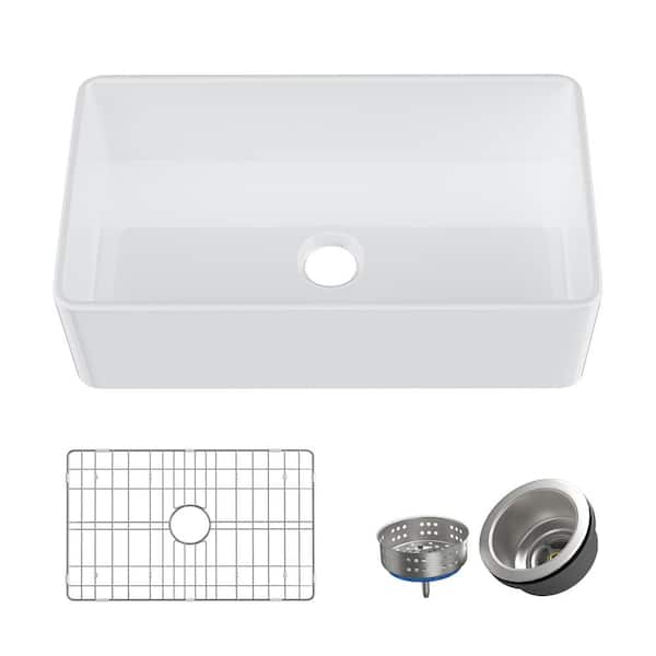33 in. L x18 in. White Fireclay Single Bowl Farmhouse Undermount Apron Kitchen Sink with Bottom Grid and Basket Strainer