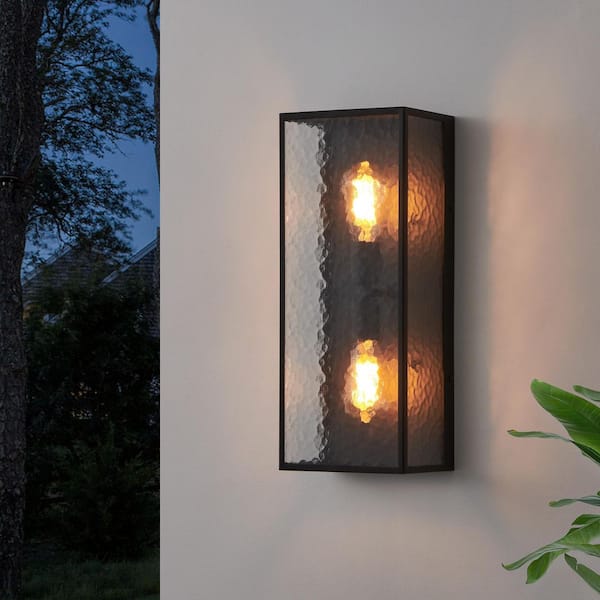 19.75 in. Black Outdoor Wall Sconces Light with Stone Pattern Glass Shades