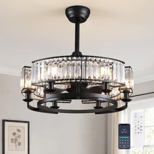 25 in. Indoor Smart Black Vintage Drum Crystal Chandelier Ceiling Fan with Dimmable Light&Reversible Blades for Bedroom