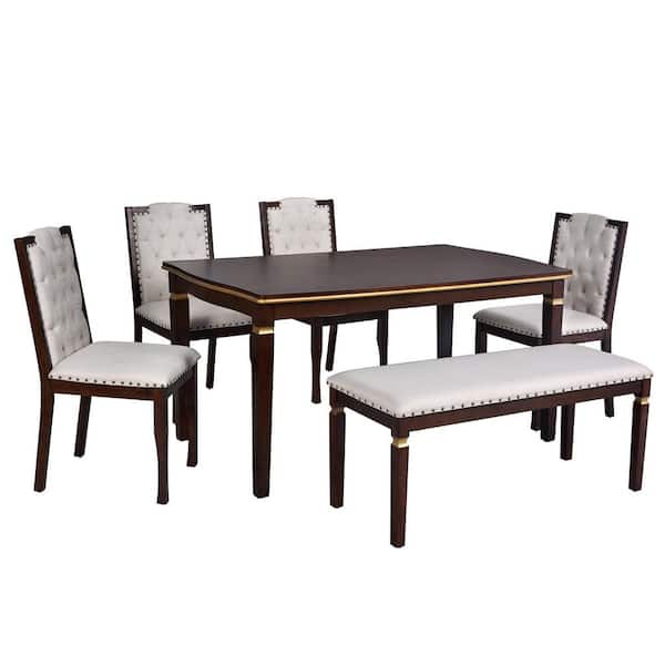 6-Piece Rectangular Espresso Wood Top Dining Table Set Seats 5 with 4 High-Back Tufted Chairs & 1 Bench