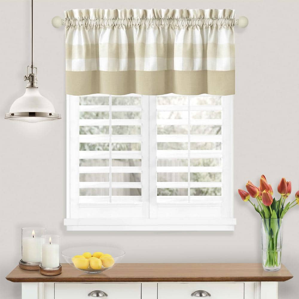 Tan Checkered Polyester Cotton Rod Pocket Valance