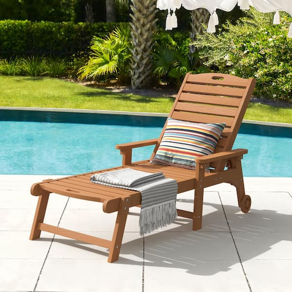 LUE BONA Oversized Plastic Outdoor Chaise Lounge Chair with Wheels and Adjustable Backrest for Poolside Patio Garden-Teak Brown