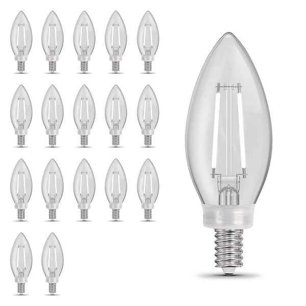 Feit Electric 100-Watt Equivalent B10 Dim WhiteFilamentClear Glass Chandelier E12 Candelabra LED Light Bulb True White 3500K(18-Pack)