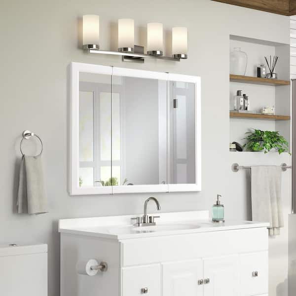 Wyndham 36 in. W x 30 in. H x 4-3/4 in. D Framed Tri-View Surface-Mount Bathroom Medicine Cabinet in White Semi-Gloss