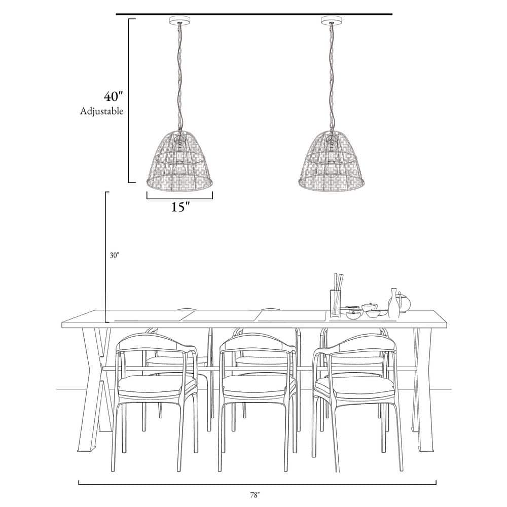 Holophankton 15" Matte Black and Natural Rattan Dome Pendant Light