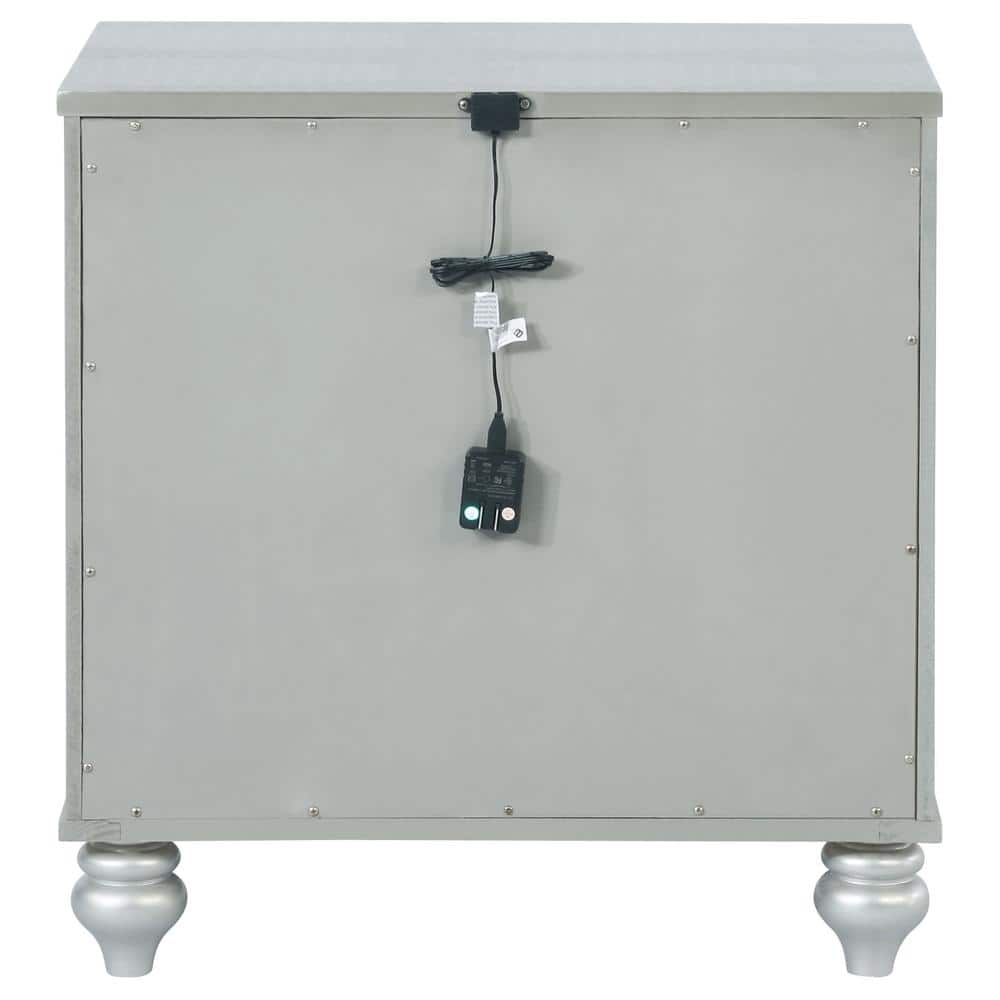 Silver Metallic 2-Drawer Nightstand with Crystal Knobs