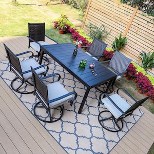 Black 7-Piece Metal Patio Outdoor Dining Set with Expandable Table and Rattan Swivel Chairs with Beige Cushion