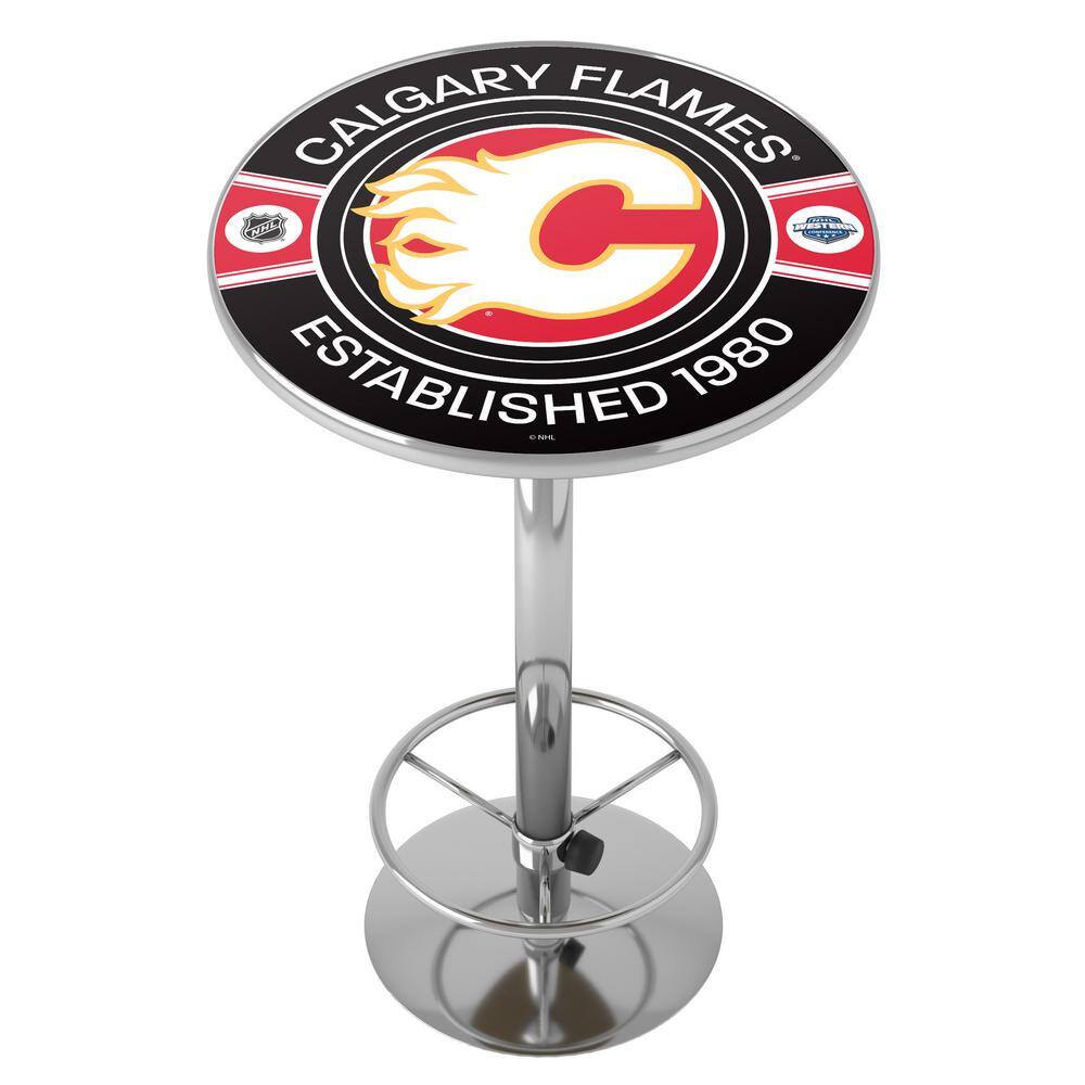 Calgary Flames Patch 27 in. Chrome Round Table Top with Adjustable Foot Res