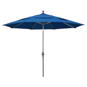 11 ft. Hammertone Grey Aluminum Market Patio Umbrella with Crank Lift in Pacific Blue Pacifica