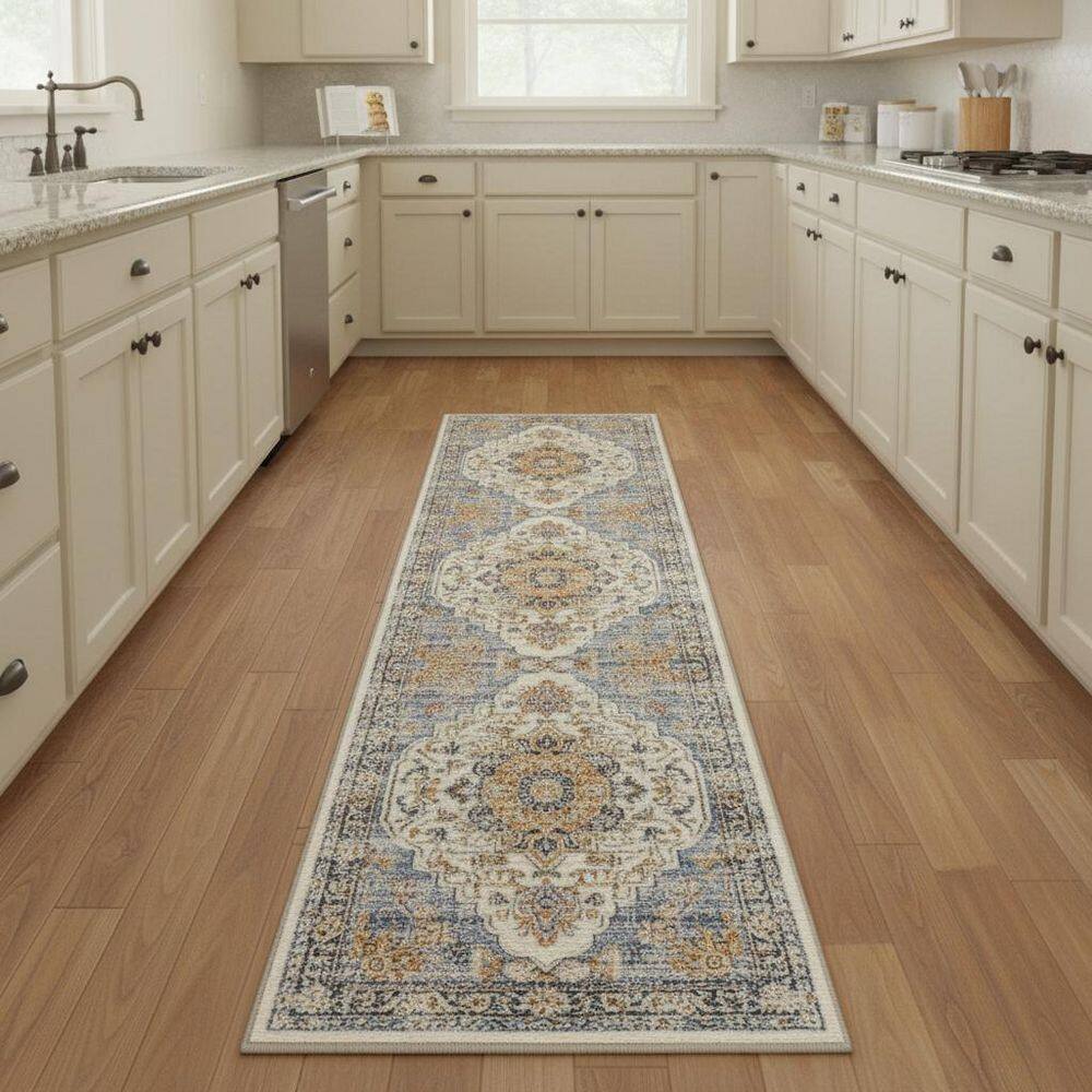 8' Blue Ivory And Orange Medallion Distressed Washable Runner Rug price history on PriceWatchPro