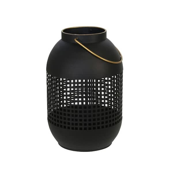 Benjara 13 in. Black and Gold Caged Metal Lantern with Handle