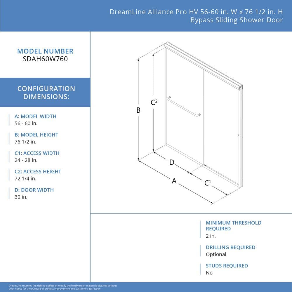 Alliance Pro HV 60" x 76.5" Semi-Frameless Sliding Shower Door in Brushed Nickel