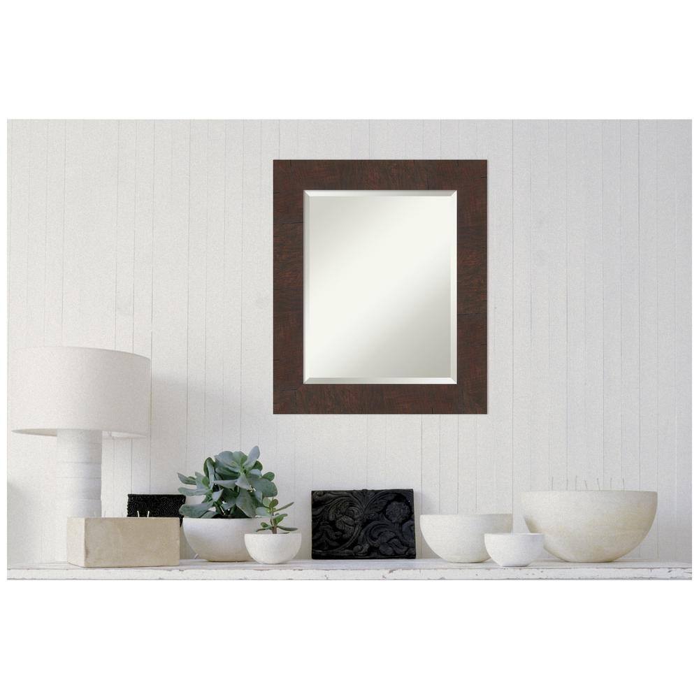 Woodgrain Walnut Brown Rectangular Bathroom Vanity Mirror with Silver Accents