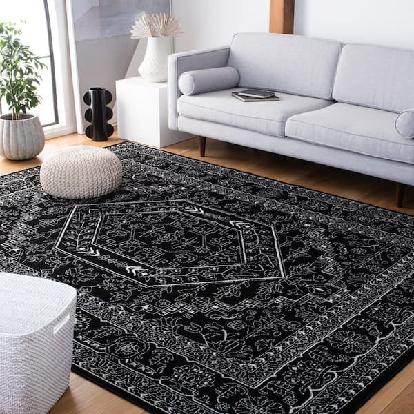 Adirondack Black/Ivory 8 ft. x 8 ft. Border Medallion Square Area Rug
