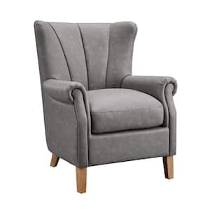 JUNO Gray Faux Leather Wingback Accent Arm Chair with Wood Legs
