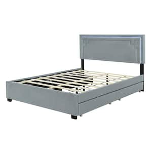 Gray Wood Frame Queen Size Upholstered Platform Bed with 4-Drawers, LED and Rivet-Decorated Headboard