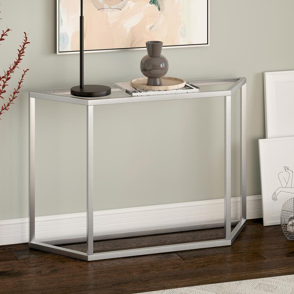 Levi Streamlined 44'' Silver Metal & Glass Console Table with Storage