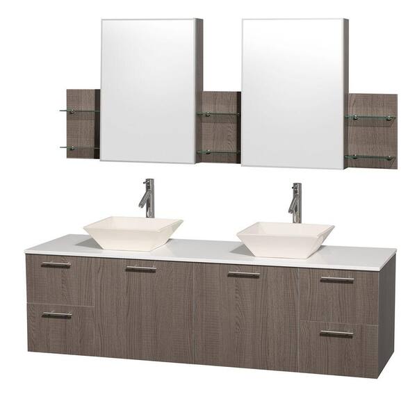 Wyndham Collection Amare 72 in. Double Vanity in Grey Oak with Man-Made Stone Vanity Top in White and Bone Porcelain Sinks