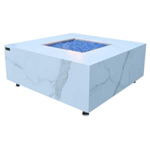 Bianco 39 in. W x 17 in. H Outdoor Square Marble Porcelain Liquid Propane Fire Pit Table with Caribbean Blue Fire Glass
