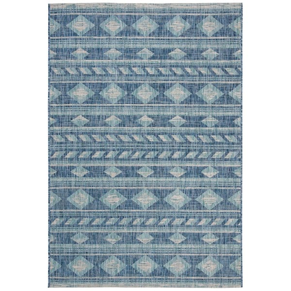 Courtyard Navy/Aqua 8 ft. x 10 ft. Striped Diamond Geometric Indoor/Outdoor Area Rug