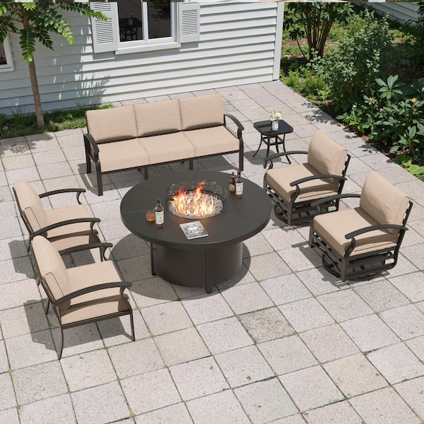7-Piece Outdoor Aluminum Patio Conversation Set, with 2 Swivel Rocking Chairs and Round Fire Pit Table, Sand Cushions