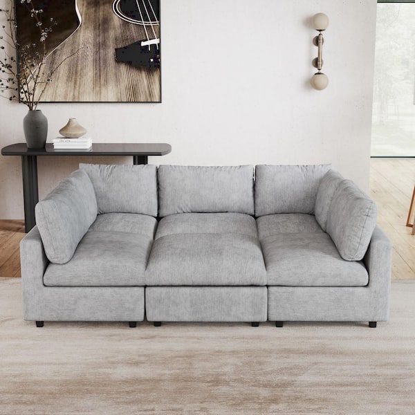 Lawson Living Room Sleeper Bed, Oversized 134 in. Square Arm Chenille Modular Sofa with Ottoman, Detachable Cove in Gray