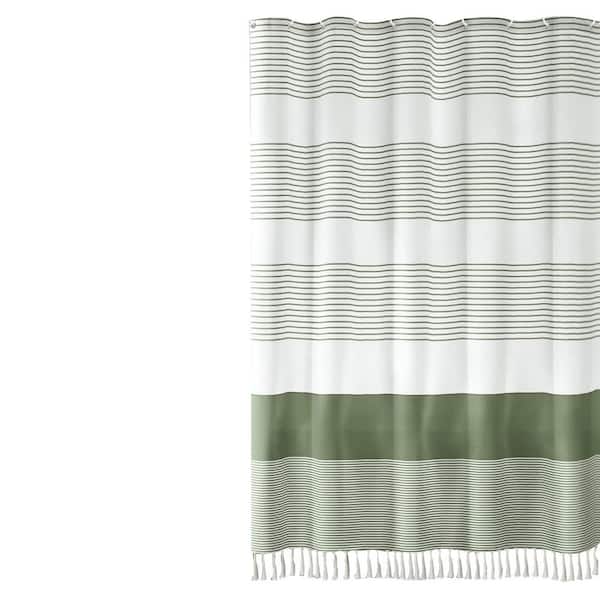 Boho Sage Green Linen Cotton Blend Shower Curtain 72 x 72 in. Stripe Tassel Farmhouse Bathroom Decor