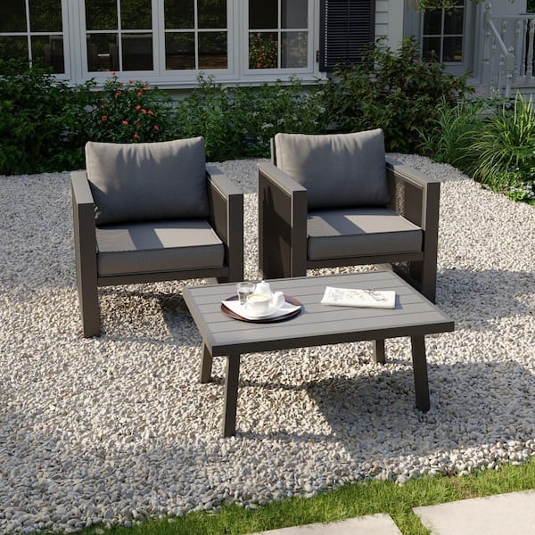 3-Piece Aluminum Patio Conversation Set with Dark Grey Cushions, Featuring Decorative Pull Cord Detailing