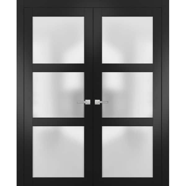 72 in. x 96 in. Black Matte Finished Universal/Reversible Frosted Glass Solid Wood Assembly Required Interior Door Kit