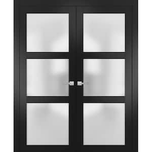 2552 48 in. x 80 in. Universal Handling Frosted Glass Solid Core Black Finished Pine Wood Double French Door