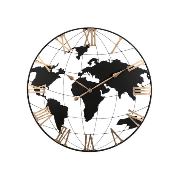 PRIMROSE CARNATION LLC 36 in. Extra Giant Large Black Round Metal Wall Clock Modern Silent World Map Wall Clock with Vintage Gold Roman Numeral