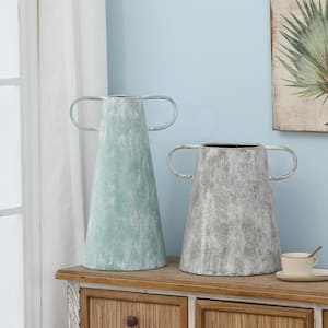 Farmhouse Blue and Gray Metal Vases (Set of 2)