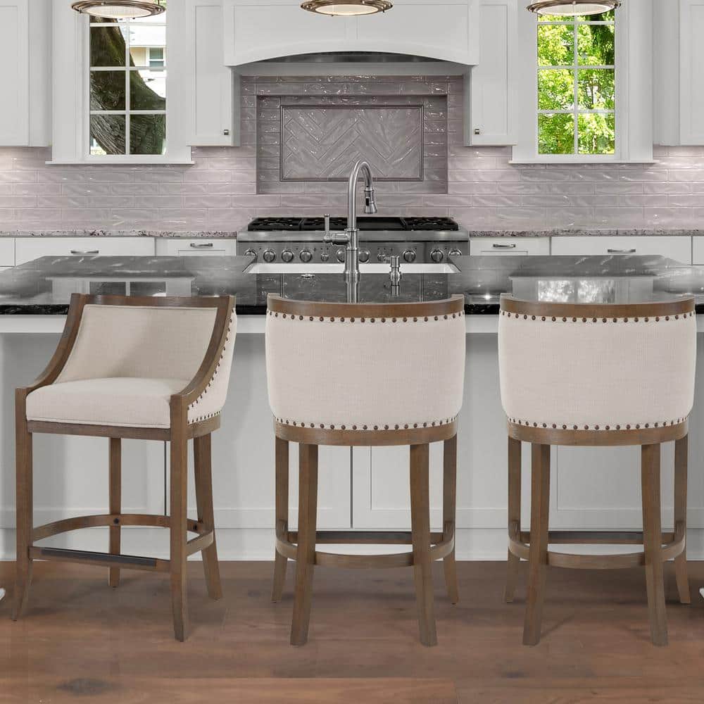 Warm Brown Birch Wood Adjustable Bar Stool with Light Beige Linen Seat