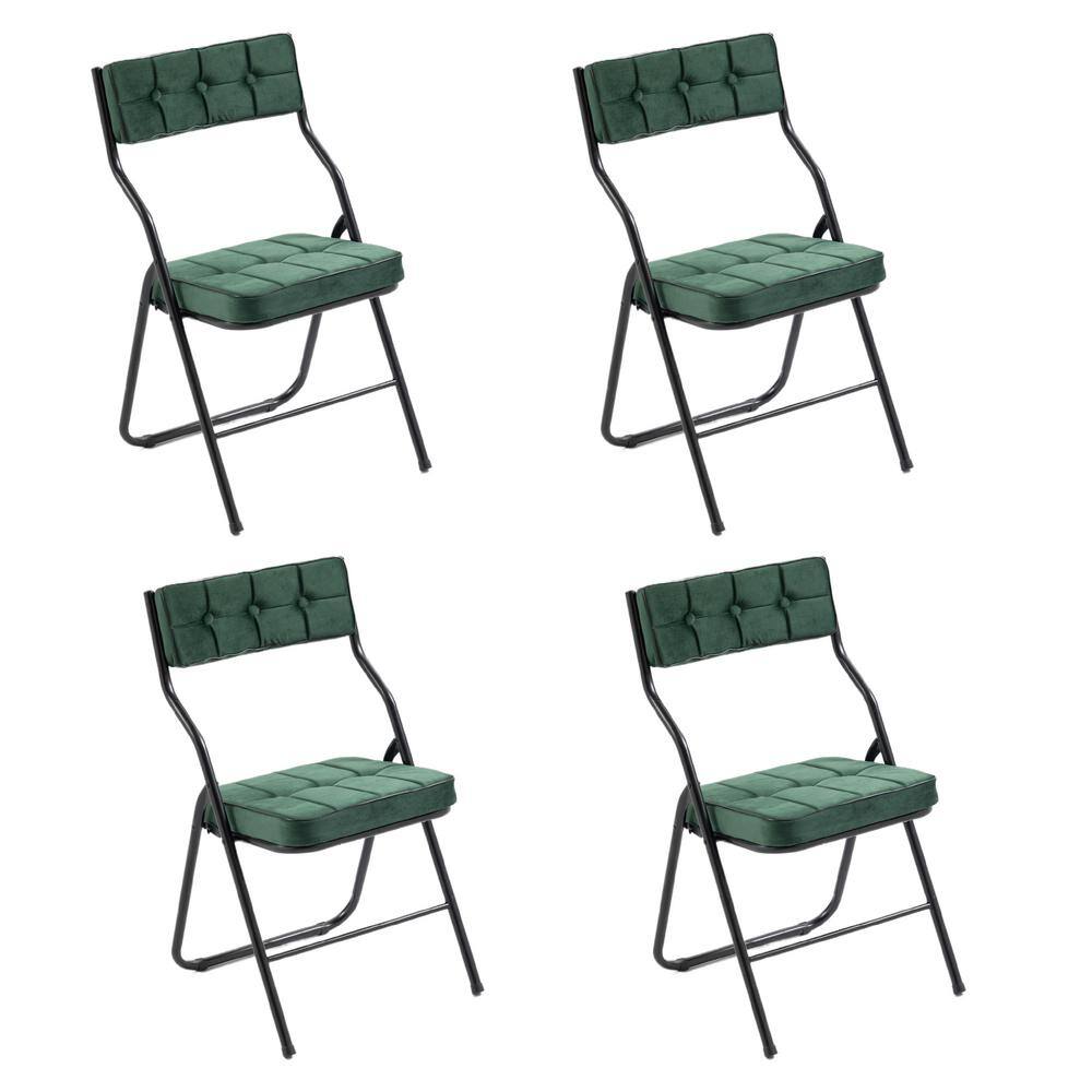 HOMEFUN Modern Steel Frame Folding Chairs Stackable Dining Chairs with Green Velvet Seats Set of