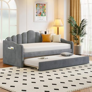 Gray Twin Size Upholstered Daybed with Trundle, USB Charging Ports and Side Pockets