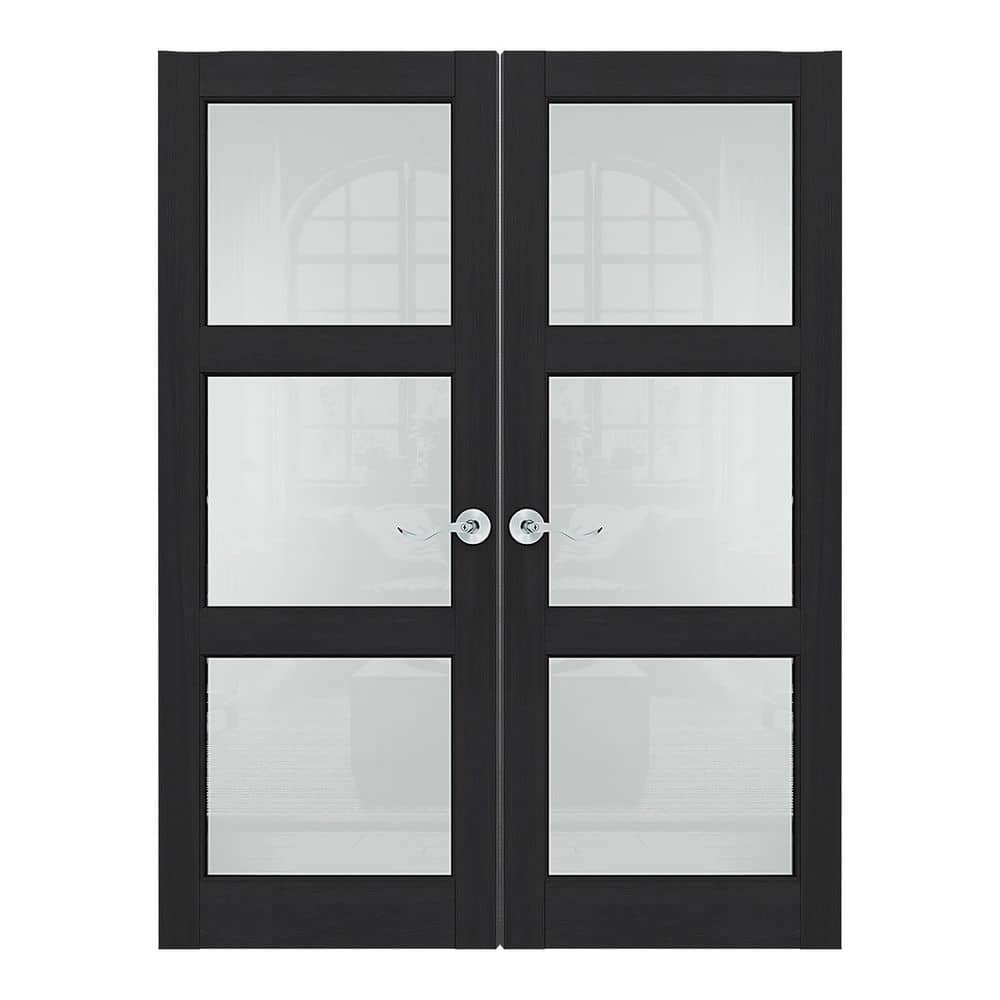 64 in. x 80 in. 3-Lite Black PVC Covering, Frosted Glass, MDF, Interior Door Slab with Silver Curved Doorknob price history on PriceWatchPro