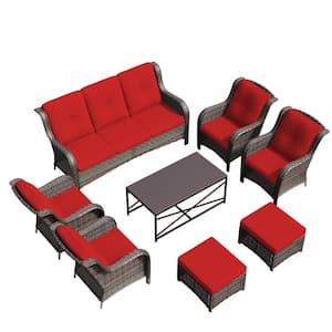 8-Piece Patio Conversation Sofa Set Furniture Sectional Seating Set with Red Cushion and Coffee Table