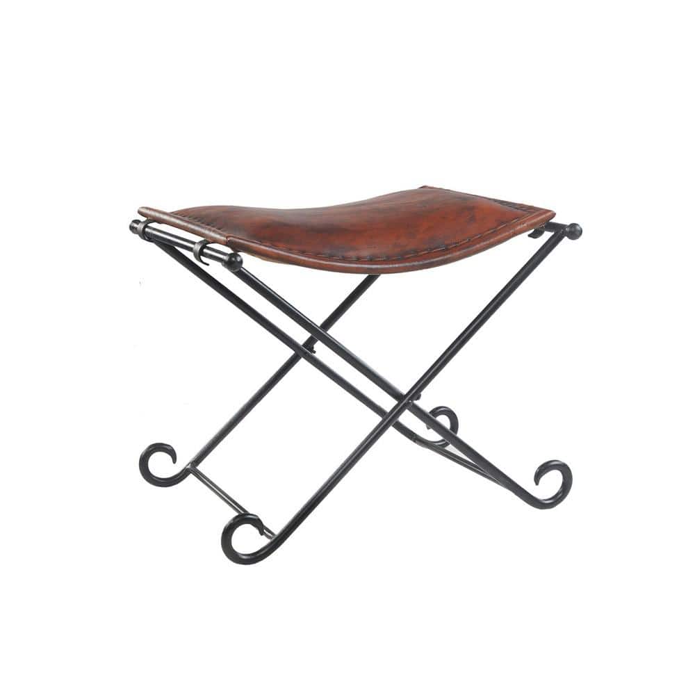 Warm Brown Leather & Black Iron Foldable Accent Stool