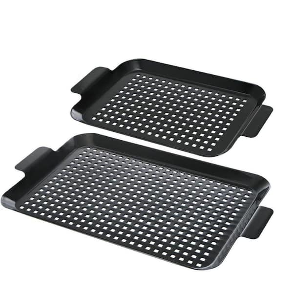 2 Pack Nonstick Carbon Steel Grill Pan Set with Perforated Bottom for Outdoor Barbecue, Black