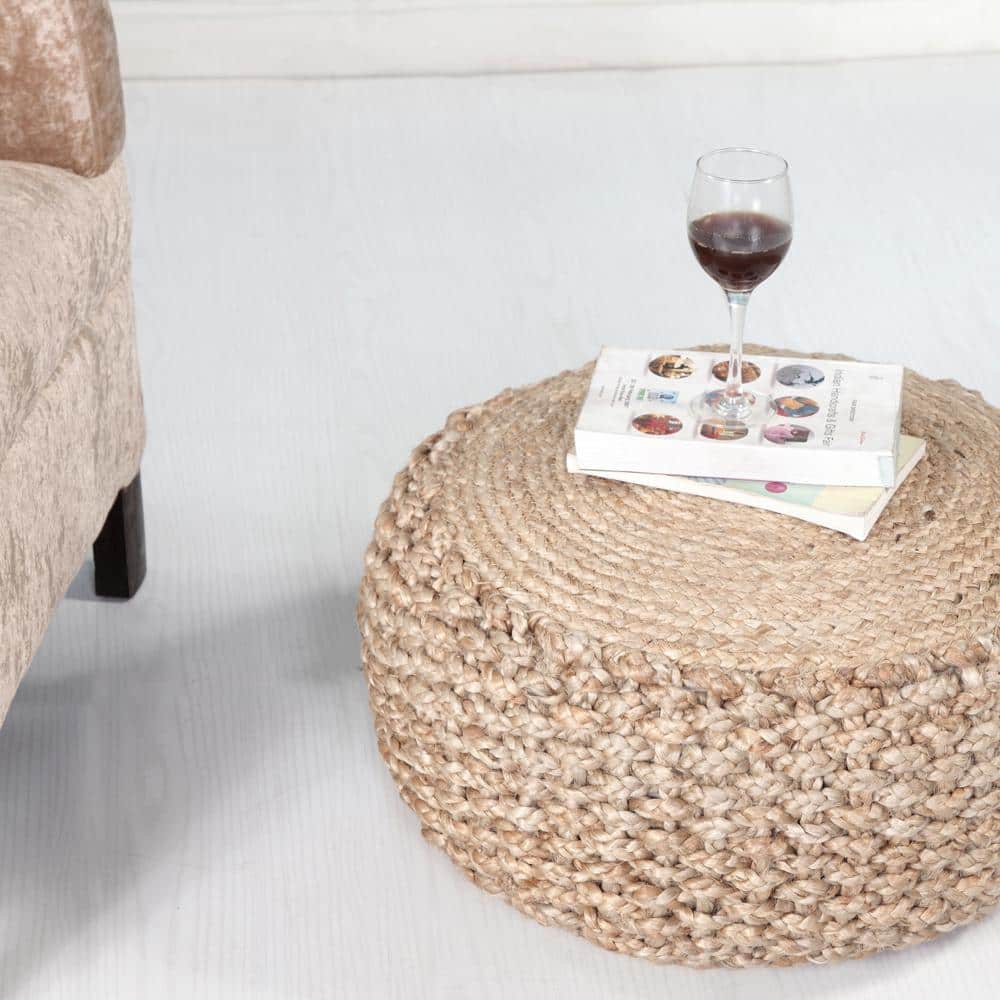Natural Jute Round Pouf with Braided Design, 20"