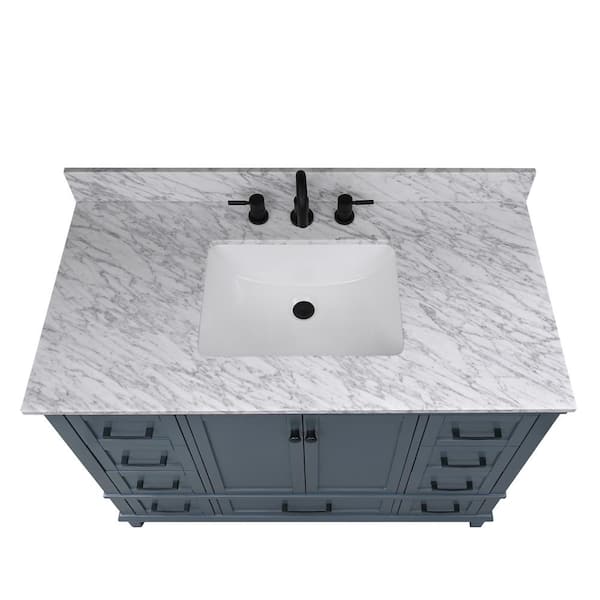 Home Decorators Collection Sturgess 43 in. W x 22 in. D x 35 in. H Single Sink Freestanding Bath Vanity in Navy Blue with Carrara Marble Top