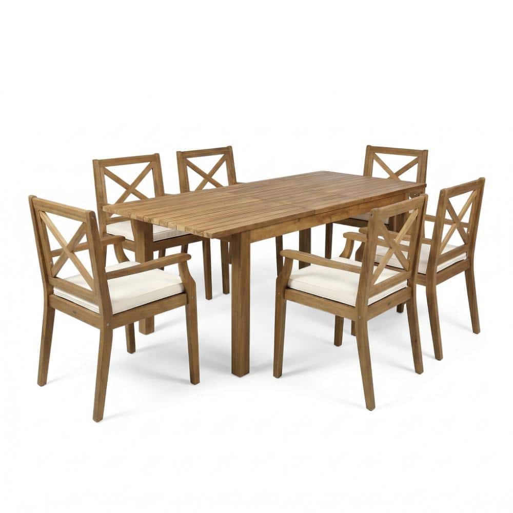 7 Pieces Acacia Wood Outdoor Dining Set with Cream Cushion Modern 6 Chairs 1 Large Table Teak price history on PriceWatchPro